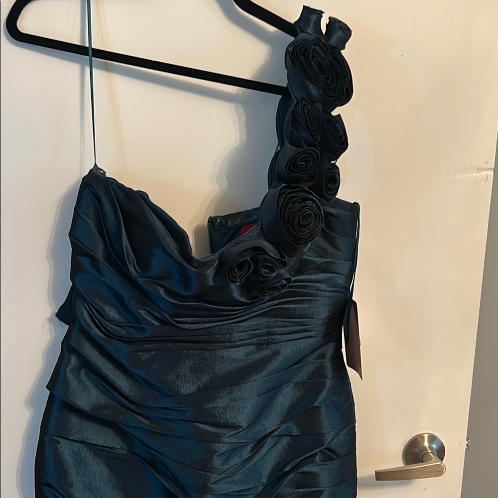 JS Collections Navy One-Shoulder Dress with Rosettes
